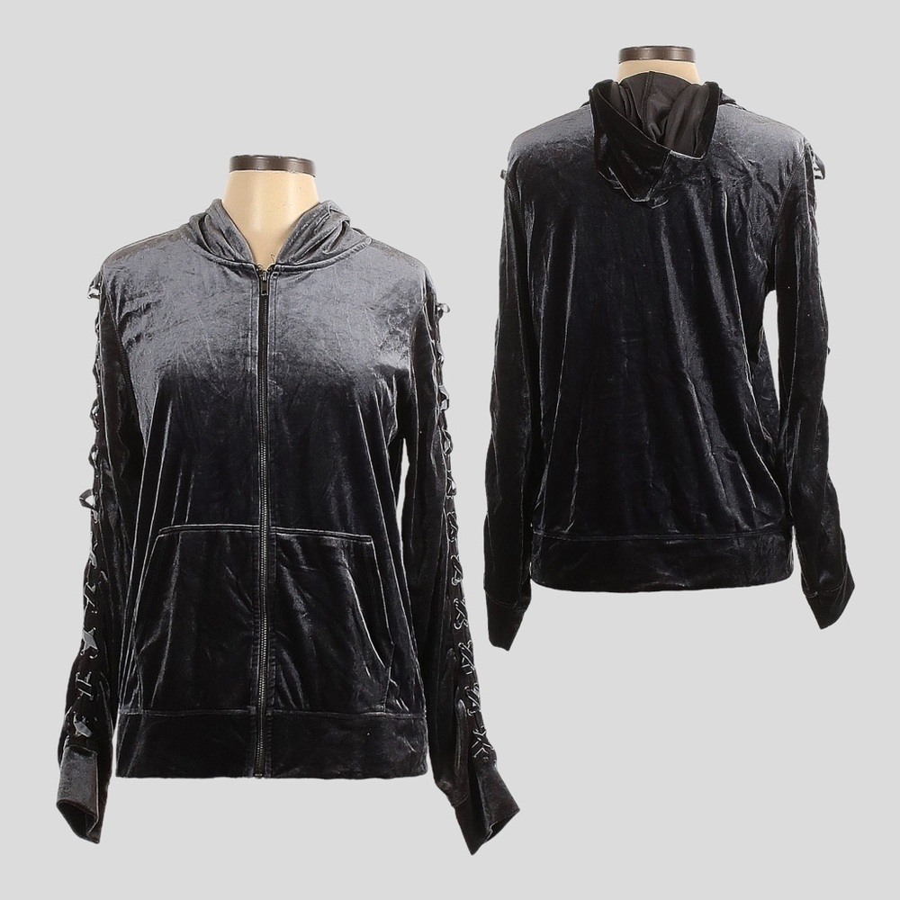 🌺 Material Girl Active Gray Velour Crisscross Sleeve Hooded Jacket Size L